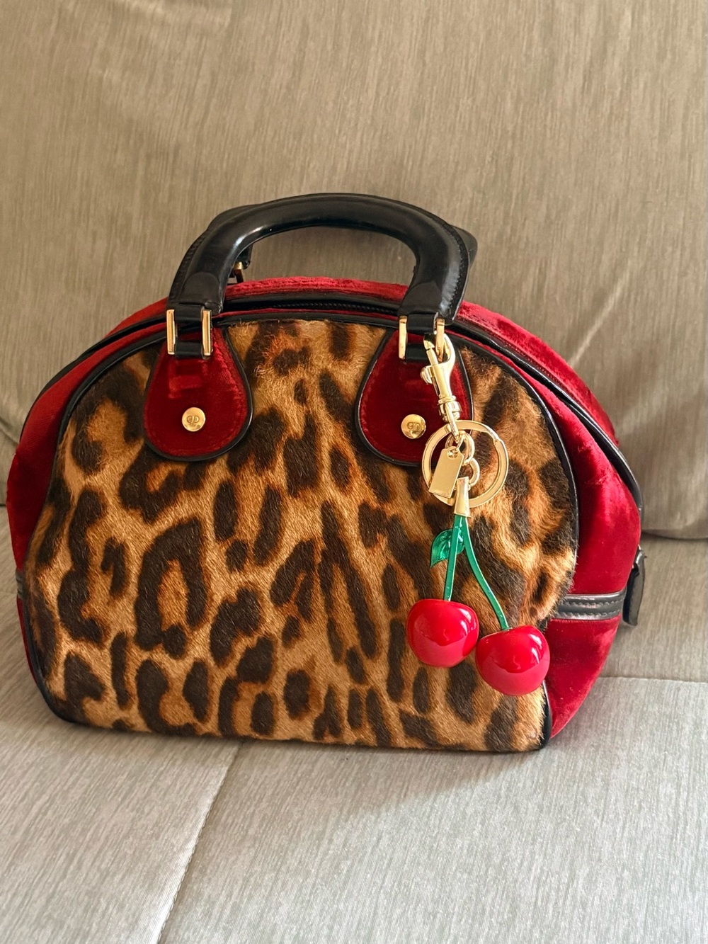 Dior gambler Leopard Print Mini Satchel bag Red Suede Trim and Black Handles